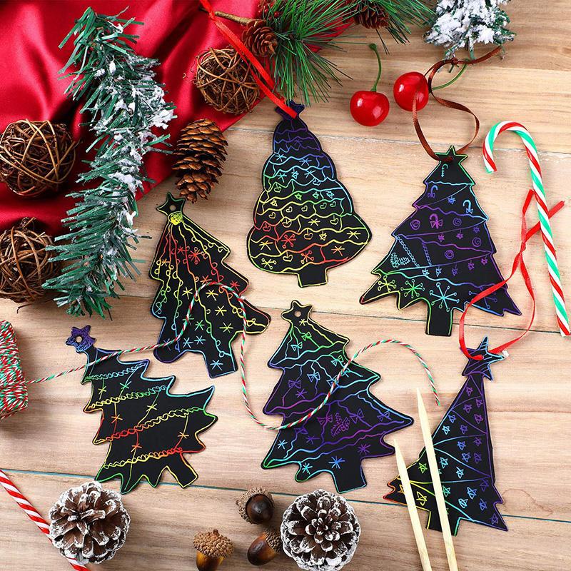 12/24/36Pcs Christmas Scratching Card DIY Art Painting Graffiti Art Christmas Tree Decoration Xmas Children Gift Festival Home Decor