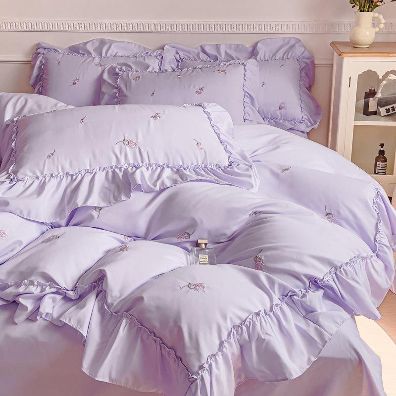 Prinsesse-stil blonder ren bomull firedelt sett koreansk versjon blonder broderi ensfarget vasket bomull dynetrekk sengetøy