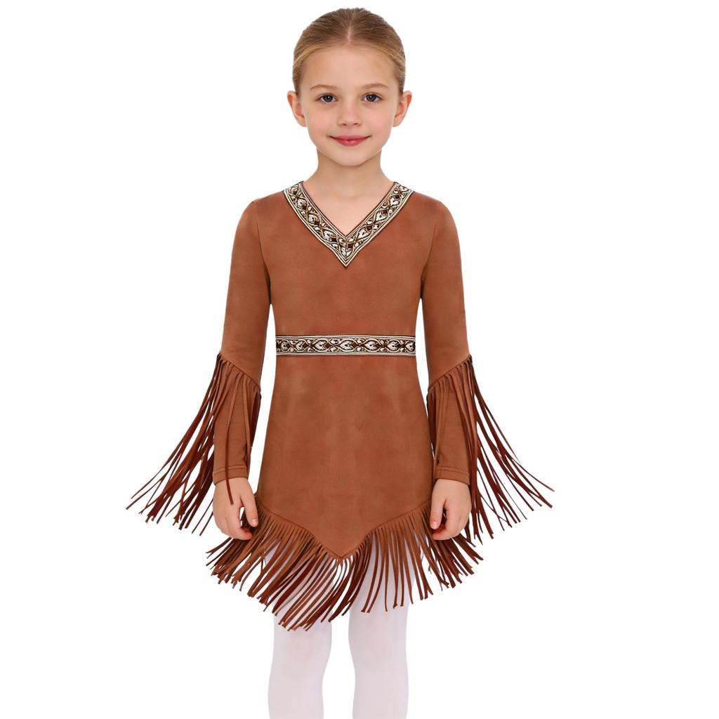 Girls Native American Cosplay Dress V Neck Long Fringed Sleeve Side Waist Zipper Back Cut Out Tassel Hem Dress