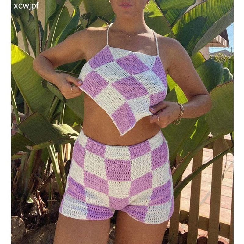 

European and American Personalized Beautiful Summer Women s Clothing New Halter Backless Gingham Vest Sheath Knitted Trousers Suit Image color L