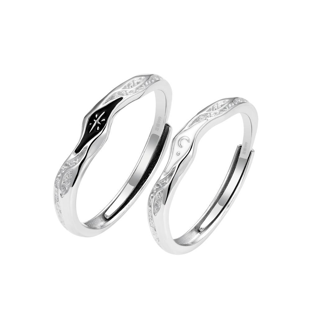 Anelli Coppia Stella & Luna in Argento Sterling 999 - Design Aperto Regolabile per Uomo & Donna