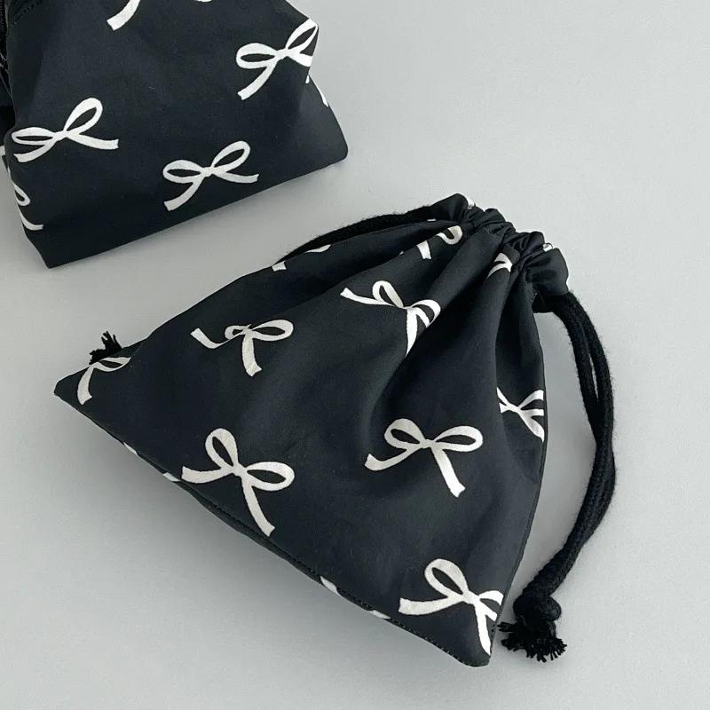 Bow Printed Mini Drawstring Bag Cosmetic Organizer Sweet Storage Pouch for Women Girls