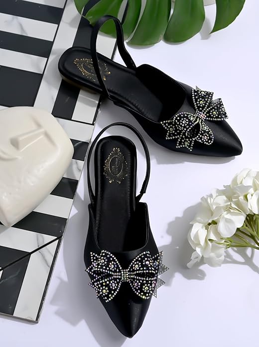 Shoetopia Декорированные балетки с бантом из страз для женщин и девочек | Вечерняя, этническая, свадебная обувь | Удобные EU41 : 24CM чёрный