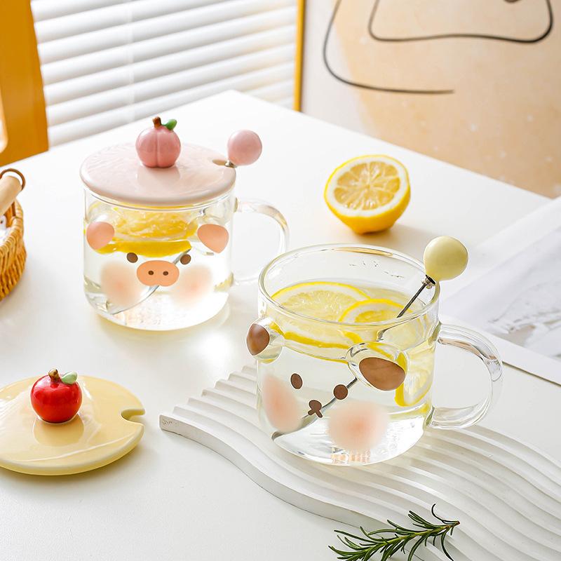 Creative Cute Cartoon Cute Pig Cute Dog High Borosilicate Glass Mug Cup Coffee Cup Water Cup Couple Breakfast Cup