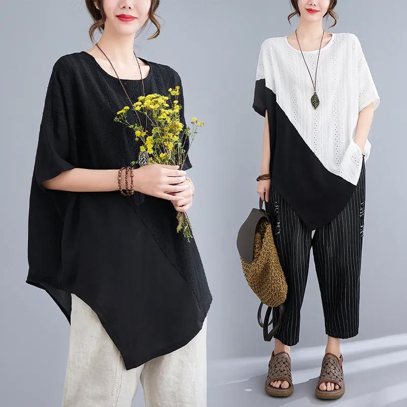 Sommer Damen Locker Kurzarm T-Shirt Patchwork Unregelmäßiger Design-Sinn Spitze Mittellanges Shirt