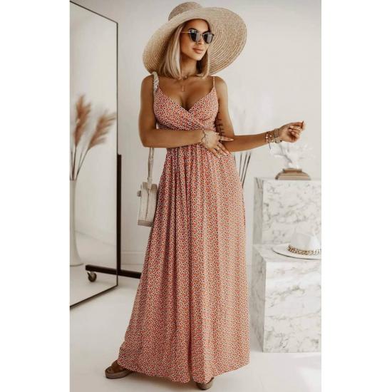 Damska sukienka maxi z lycrą i wzorem w cętki, z elastyczną talią i podwójnymi piersiami