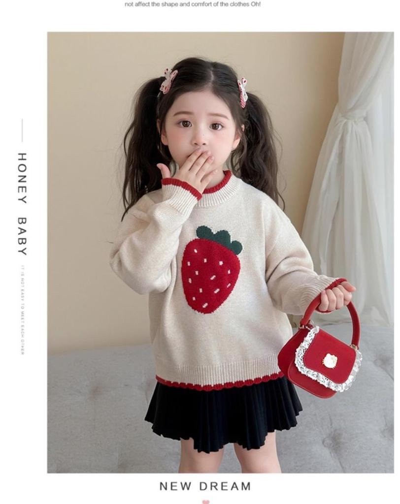 Girls' 2025 Autumn/Winter Strawberry Knit Sweater - Thick, Stylish Baby & Little Girl Top
