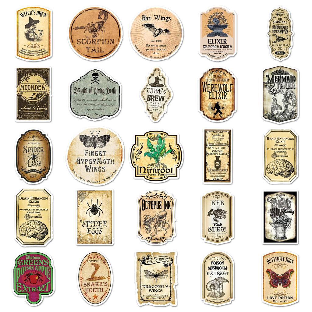 50pcs Retro Potion Label Stickers - Creative DIY Waterproof Skateboard & Luggage Decals