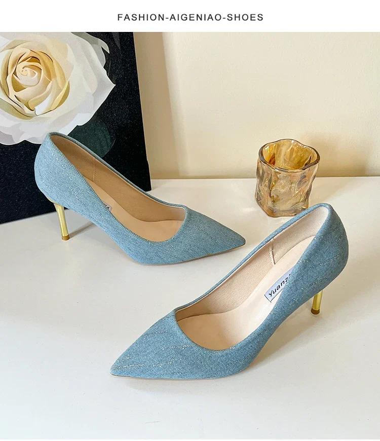Tassel Plus Size Shoes Fashion Women Summer High Heels Wedding Shoes Denim Pointed Stiletto Heel Work Shoes 8cm High Heels
