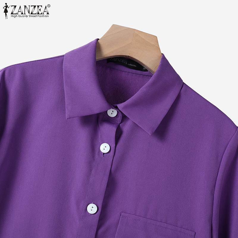  ZANZEA Women Casual Turn Down Collar Loose Three Quarter Sleeve Shirt Dress