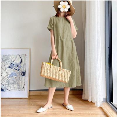 New Summer Women's Clothing Literary and Simple Solid Color Cotton Loose Short-sleeved Dress Medium and Long Dress
