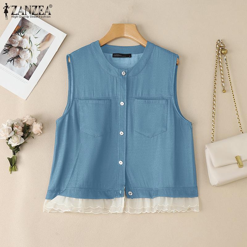 ZANZEA Women Casual Round Neck Summer Sleeveless Lace Patchwork Tank Tops