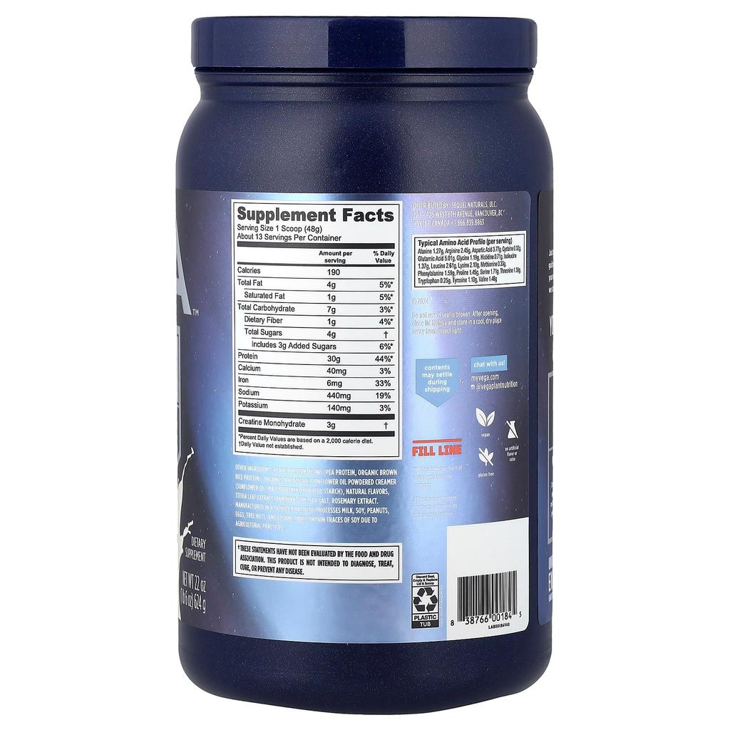 Vega, Plant-Based Performance-Enhancing Protein + Creatine, Creamy Vanilla, 1 lb 6 oz (624 g)