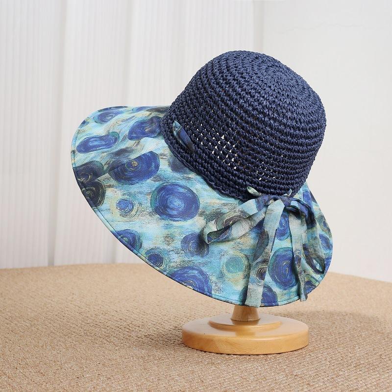 Bohemian splicing sun protection straw hat women's big brim breathable sun hat foldable sun hat seaside beach hat