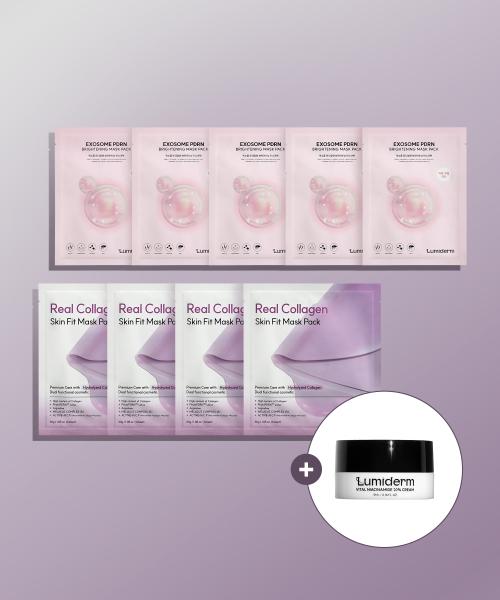 Lumiderm [9-pack] Real Collagen Skin Fit + Exosome PDRN Brightening Duo Mask Pack Set (+ Niacinamide Cream 5ml) NONE