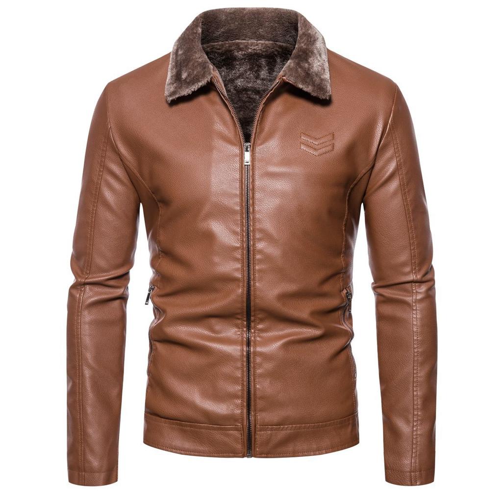 Men's Business Leather Jacket Plus Velvet Winter New Men's Pu Leather Jacket Lapel