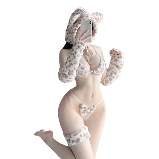 5ks/sada Ženy Sexy leopardí spodní prádlo Set Kreslený náušník Sling Podprsenka Šněrovací Tanga s rukávem Elastické návleky na stehnech Set Cosplay na hraní rolí