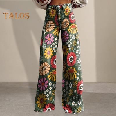 Women Jeans Button Zipper Fly Straight Leg Denim Pants with Pockets Digital Flower Print Long Trousers Streetwear