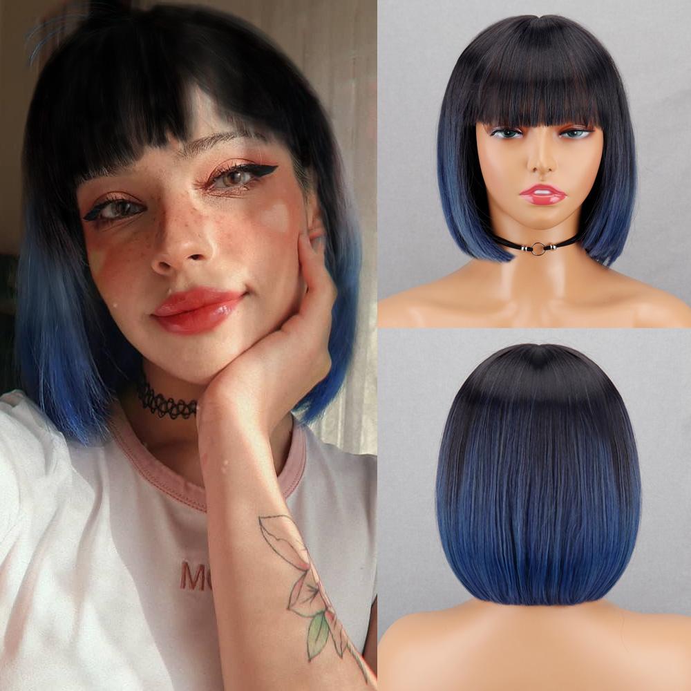 

MISS WIG Synthetic 12-Inch Black Bob Wig with Bangs Extensions Natural Looking For Elegant Women Casual Wear 25cm