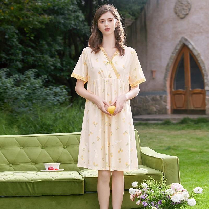 Fenteng 100% Cotton V-Neck Short-Sleeved Thin Nightgown