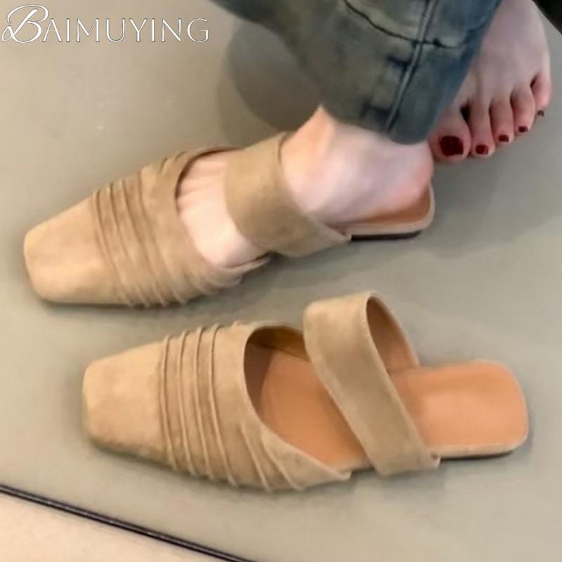 Fashion Casual Mules Women's Slippers Square Toe Flat Sandals Loafers Shoes Woman 2025 Trend Summer Soft Sole Shallow Comfort Sandalias