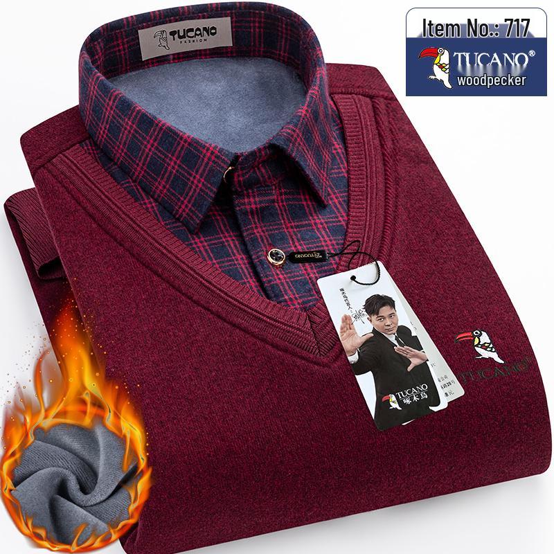 Woodpecker Men's Fleece-Lined Long Sleeve Two-in-One Thick Shirt Sweater for Dad