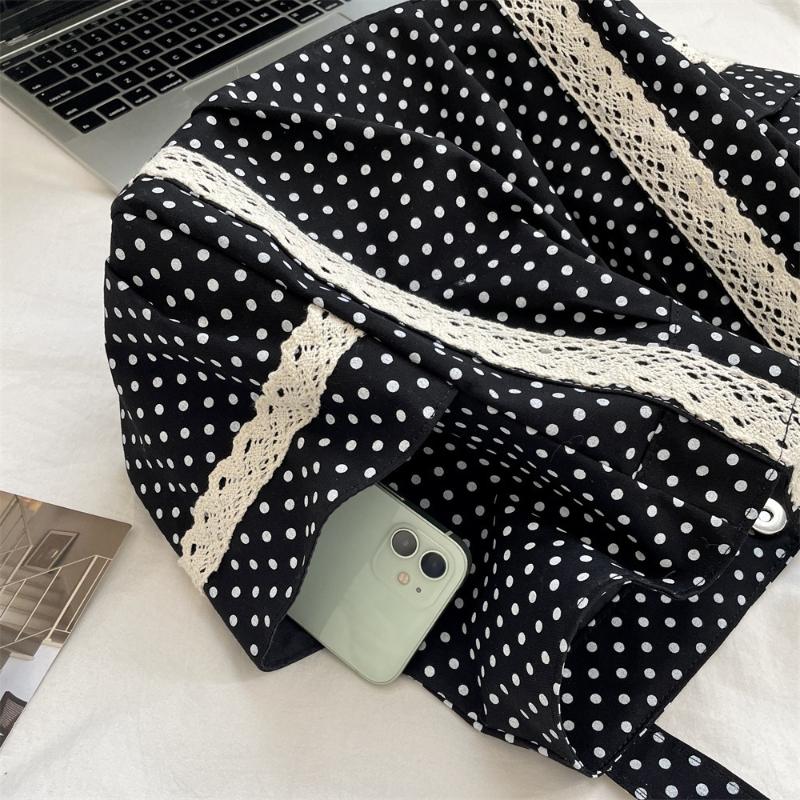 Korean Vintage Polka Dot Canvas Shoulder Bag Women Cute Lace Handle Bag Large Capacity Tote Casual and Versatile Storage Bags