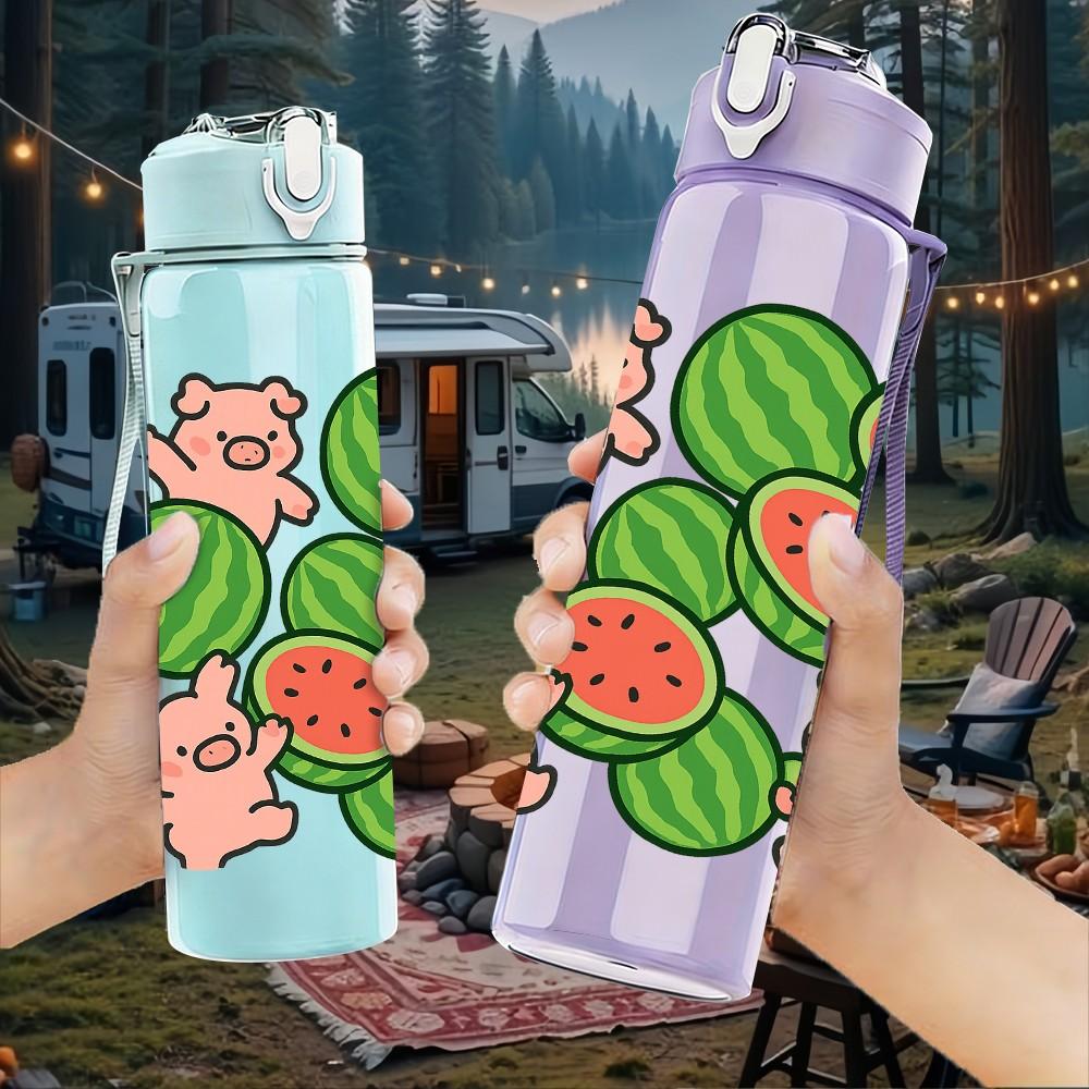 1PC Pig Watermelon Repeat Pattern 750ml Color Plastic Sports Water Bottle Leakproof Flip Straw Lid Suitable for Sports Office Home Use