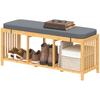 Bamboo Shoe Bench, Entryway Storage Bench with Padded Cushion and Open Shelf, Natural Wood Finish