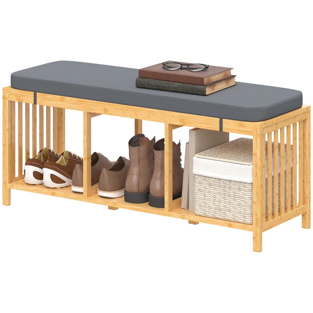Bamboo Shoe Bench, Entryway Storage Bench with Padded Cushion and Open Shelf, Natural Wood Finish