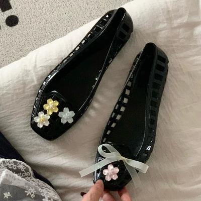 Fashion Korean Style Fashion Sandals Women Summer Flat Jelly Shoes Soft PVC DIY Flower Ribbon Cut-out FemaleDaily Beach Street Flats