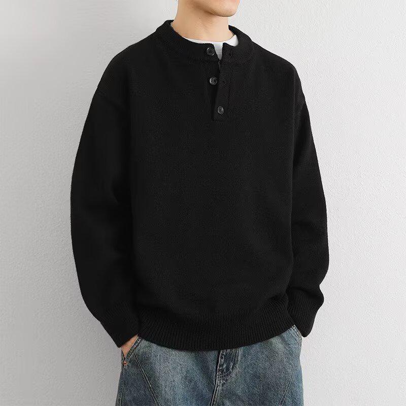 Men s Trendy Henley Knit Sweater - Autumn Winter Loose Fit M