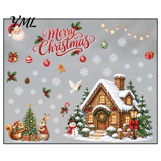 Outdoor Balcony Glass Stickers Christmas Window Clings, Snowy Village House Xmas Tree Squirrel Rabbit Party Supplies Sticker, Double-Sided Static