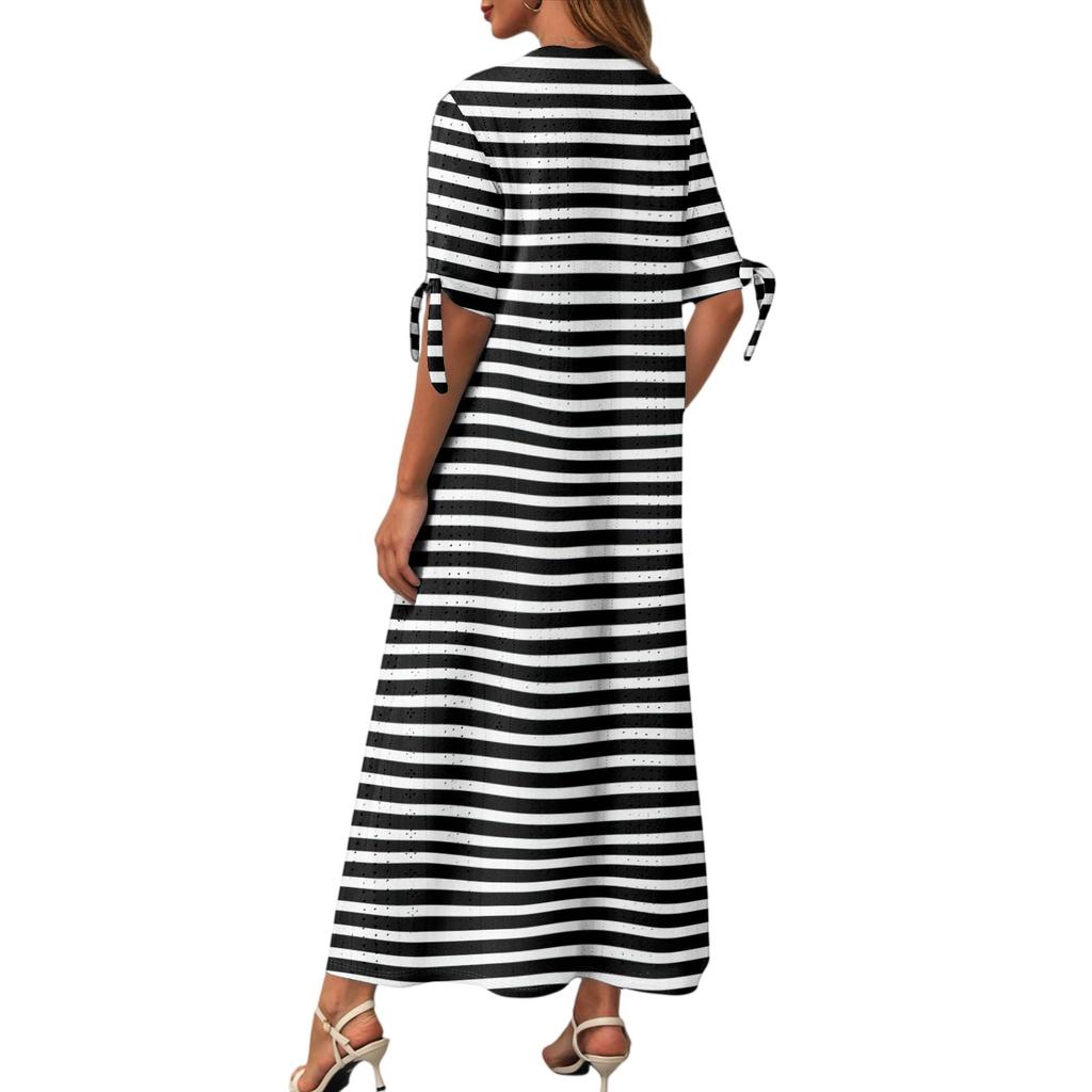 Ladies Casual Fashion Temperament Elegant Waist Striped Long Dress