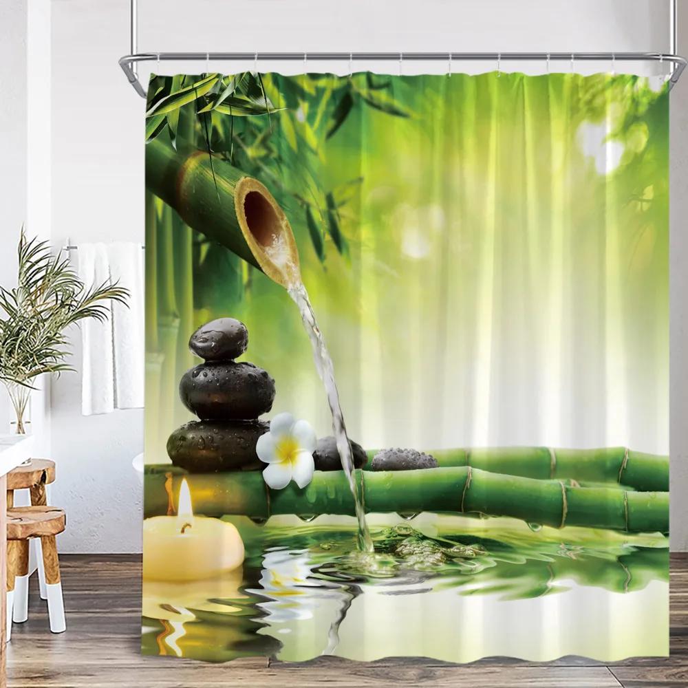 Zen Shower Curtains Black Stone Green Bamboo Lotus Spa Candle Purple Orchid Natural Leaf Bathroom Curtain Meditation Bath Decor