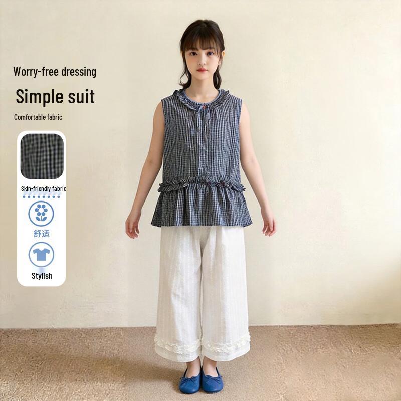 Girls  Summer Plaid Sleeveless Top and Pants Set 150