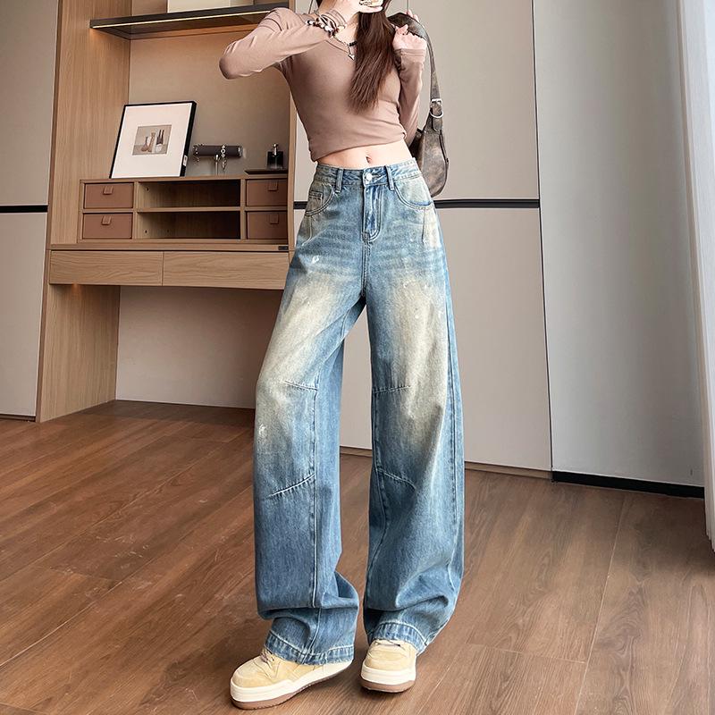 

American Retro Silhouette Yellow Curved-Leg Women s Street Style Drape Jeans Small