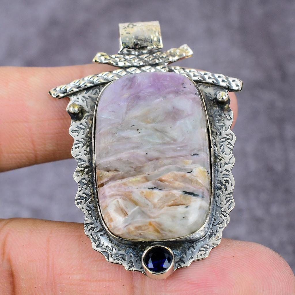 Natural Charoite, Blue Topaz Handmade 925 Sterling Silver Pendant 2.28" B5b72