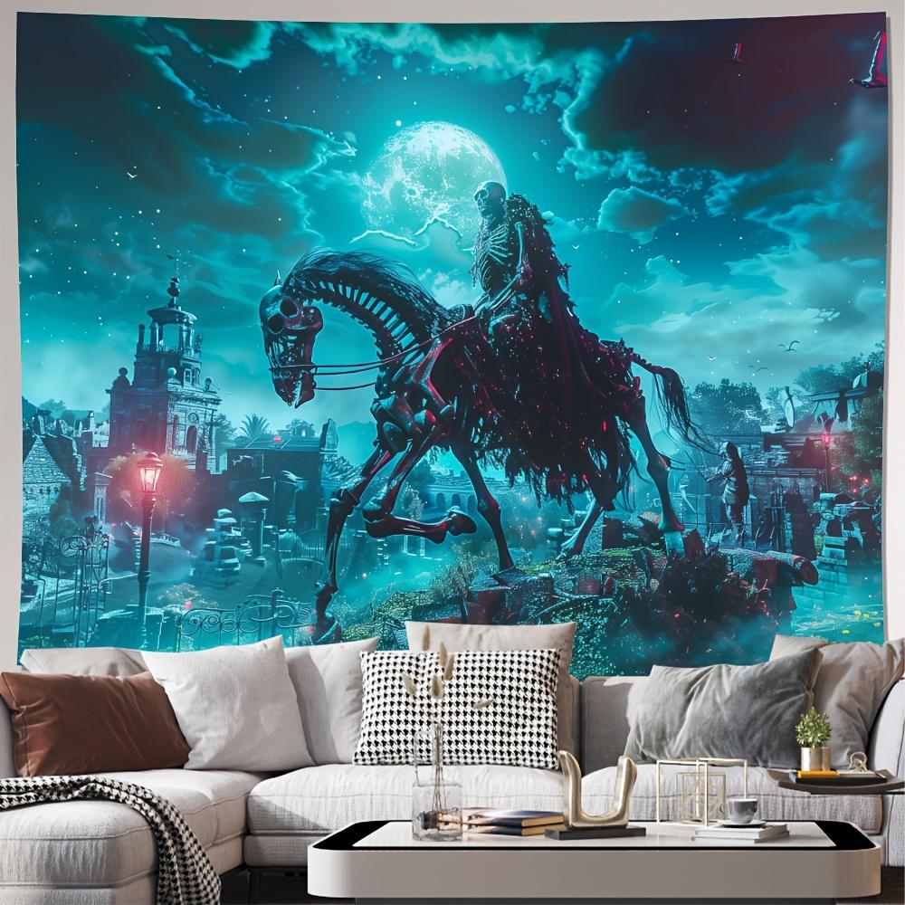 Skeleton Rider and Horse Tapestry 2D Digital Print Polyester Wall Hanging Living Room Bedroom Office Decor with Hooks