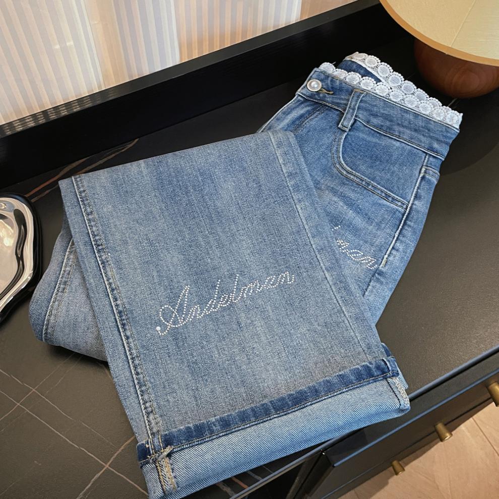 American Spicy Girl Rhinestone Lace Patchwork High-Waisted Straight Leg Slimming Denim Jeans