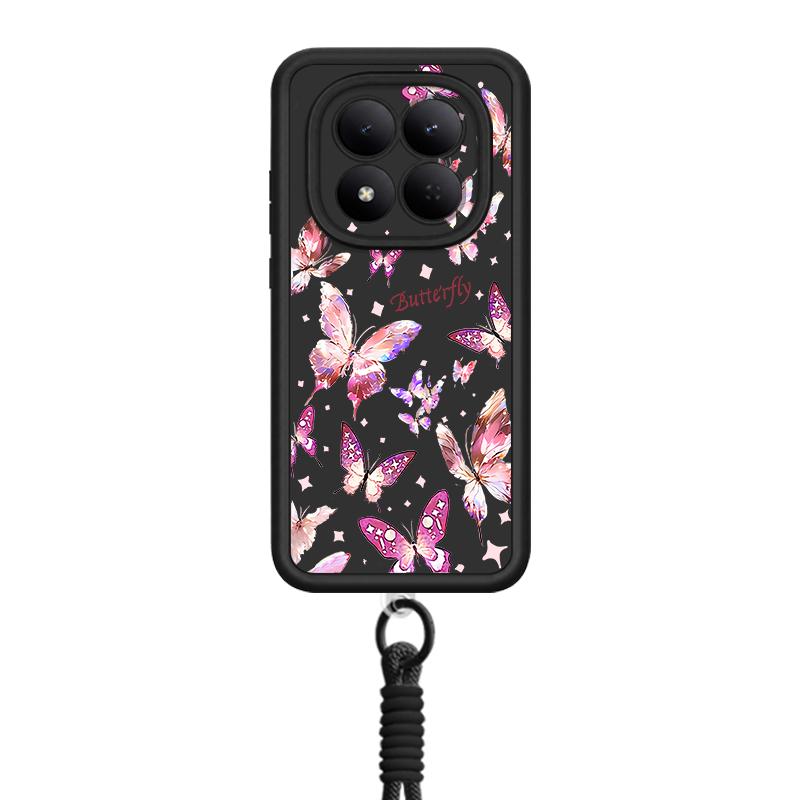 Fantastic Butterfly Print Lanyard Case For Xiaomi 14T 13T Pro Redmi Note 15 Pro 4G 14 13 Pro+ 5G Shockproof Bumper Soft Cover