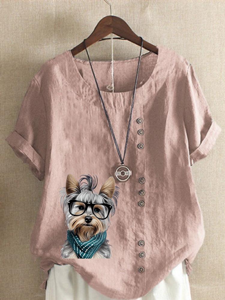 Women s Fashion Cute Dog Print Shot Sleeve T-shirt Loose Cotton Shirt Casual Loose Summer Blouse Tops Plus Size S