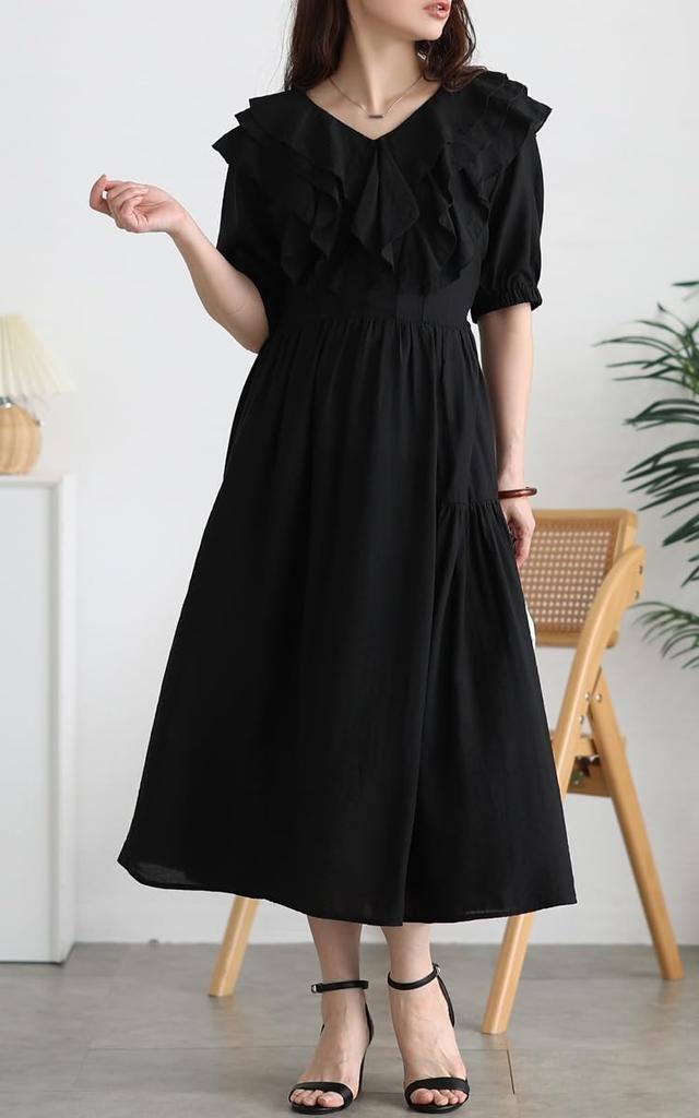 Plus Size Long Maxi Cooling Short Black [Gold Japan] Women's Dress, Fabric, Sleeves, Ruffle, Flare, Holiday, Spring, Summer, Autumn, maru-30247, 4L,