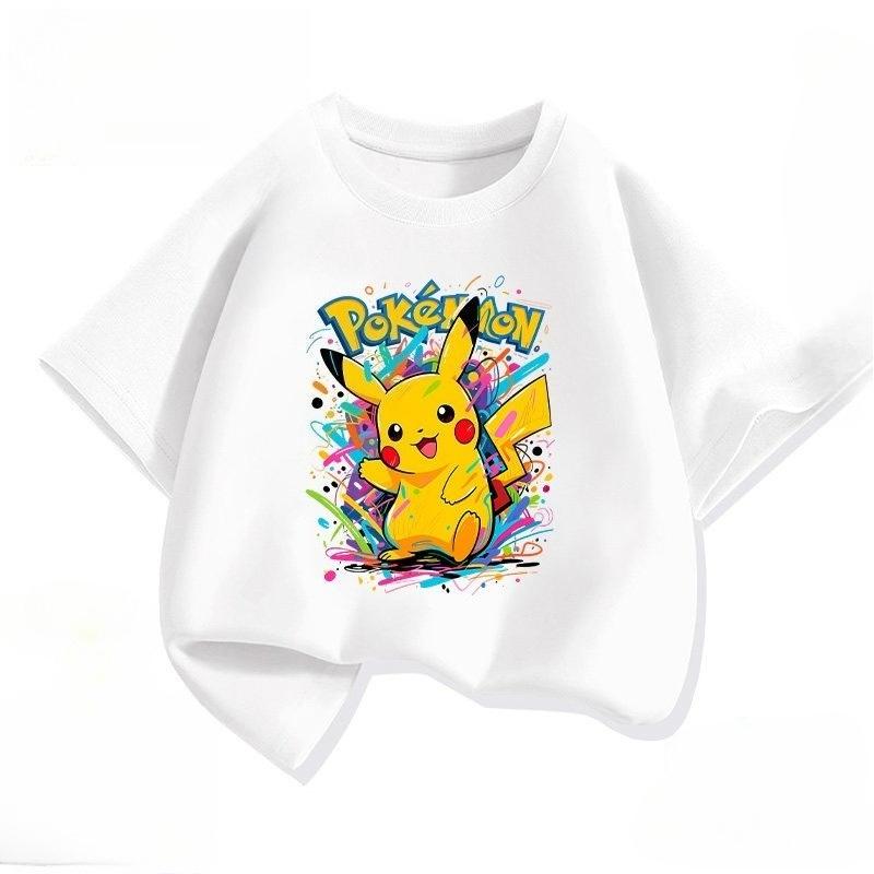 New Pokémon-themed Children's Cotton Short-sleeved T-shirt, Round Neck  Unisex, Casual Wear, Parent-child Set, Summer Clothing.