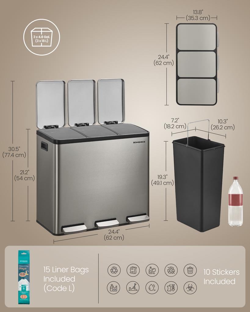 SONGMICS 3 x 4.8 Gallon (3 x 18 L) Kitchen Bin, 2-Compartment Recycling Bin with 15 Rubbish Bags, Removable Inner Buckets, Lid, Handles, Soft Close