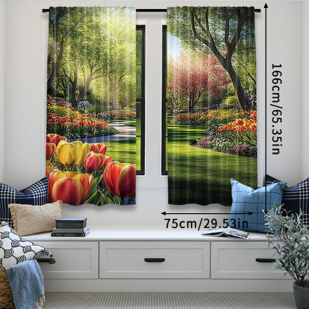 Set Of 2 Garden Curtain Keukenhof Colorful Tulip Flowers Trees Foliage Spring Season Bedroom Living Room For Area Made Polyester