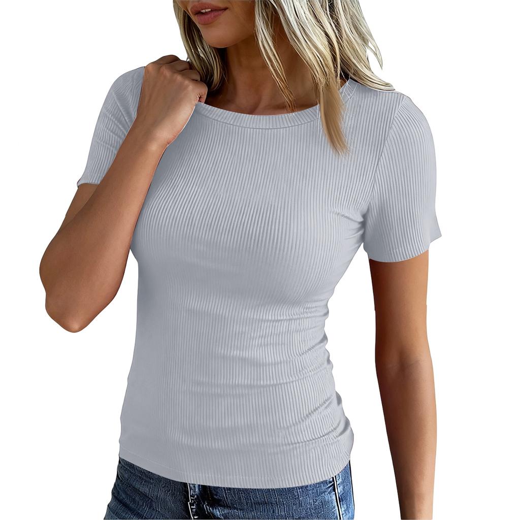 Ladies Slim Bottom T-shirt Fashion Casual Colour Round Neck Pullover Short Sleeve Top