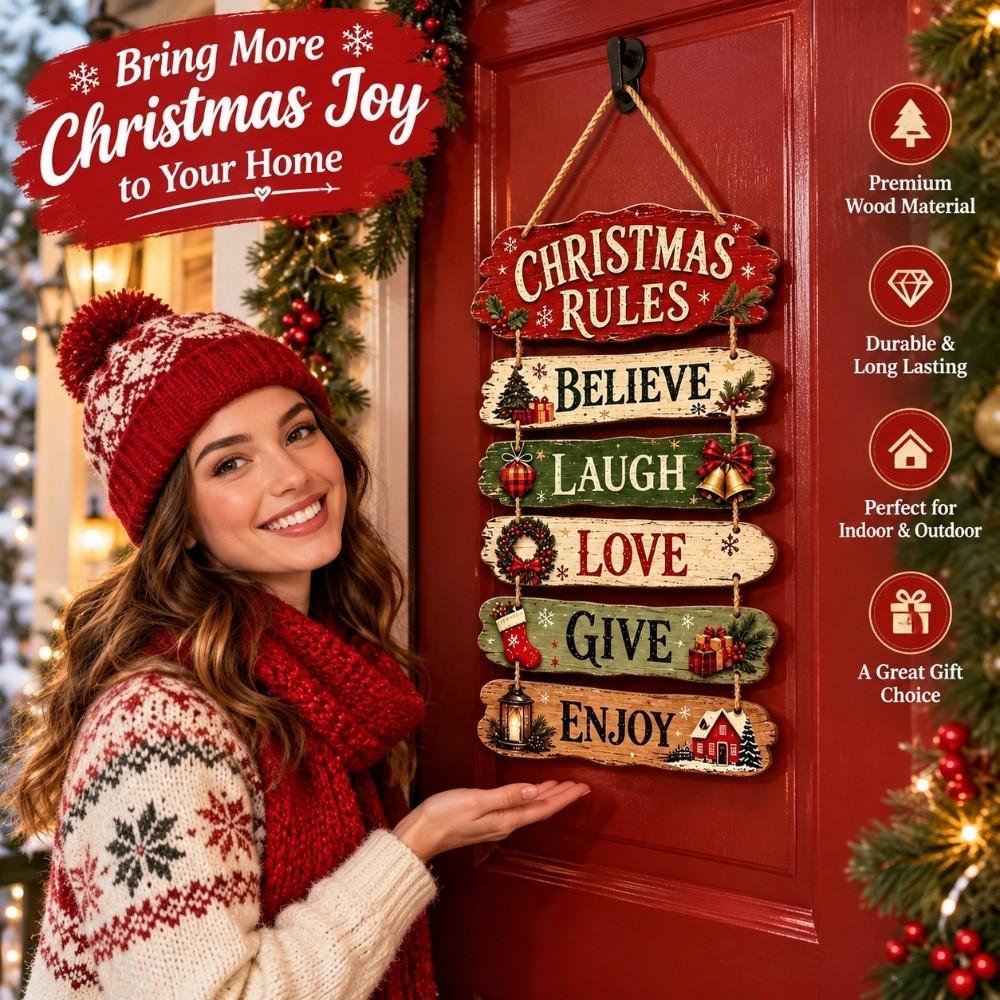 2D Flat 2D Wooden Door Sign Christmas Rules Xmas Hanging Ornament Holiday Gift