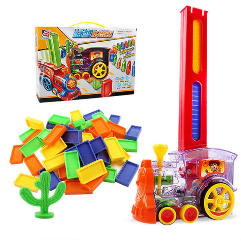 Domino Train Toy Set Rally Electric Train Model with 60 Pcs Colorful Domino Game Building Blocks Car