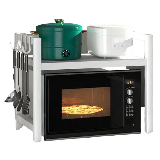 Microwave Stand Shelf with 6 Hooks Extendable Microwave Oven Rack Heat-Resistant 110lbs Load-bearing Adjustable Kitchen Counter Shelf